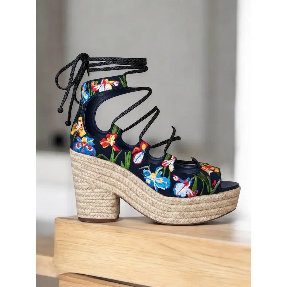 Tory Burch Positano Lace Up Platform Espadrille Size 7M
